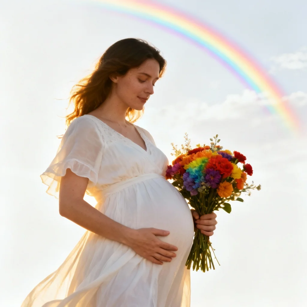 Rainbow baby maternity photo with rainbow flowers and hopeful theme