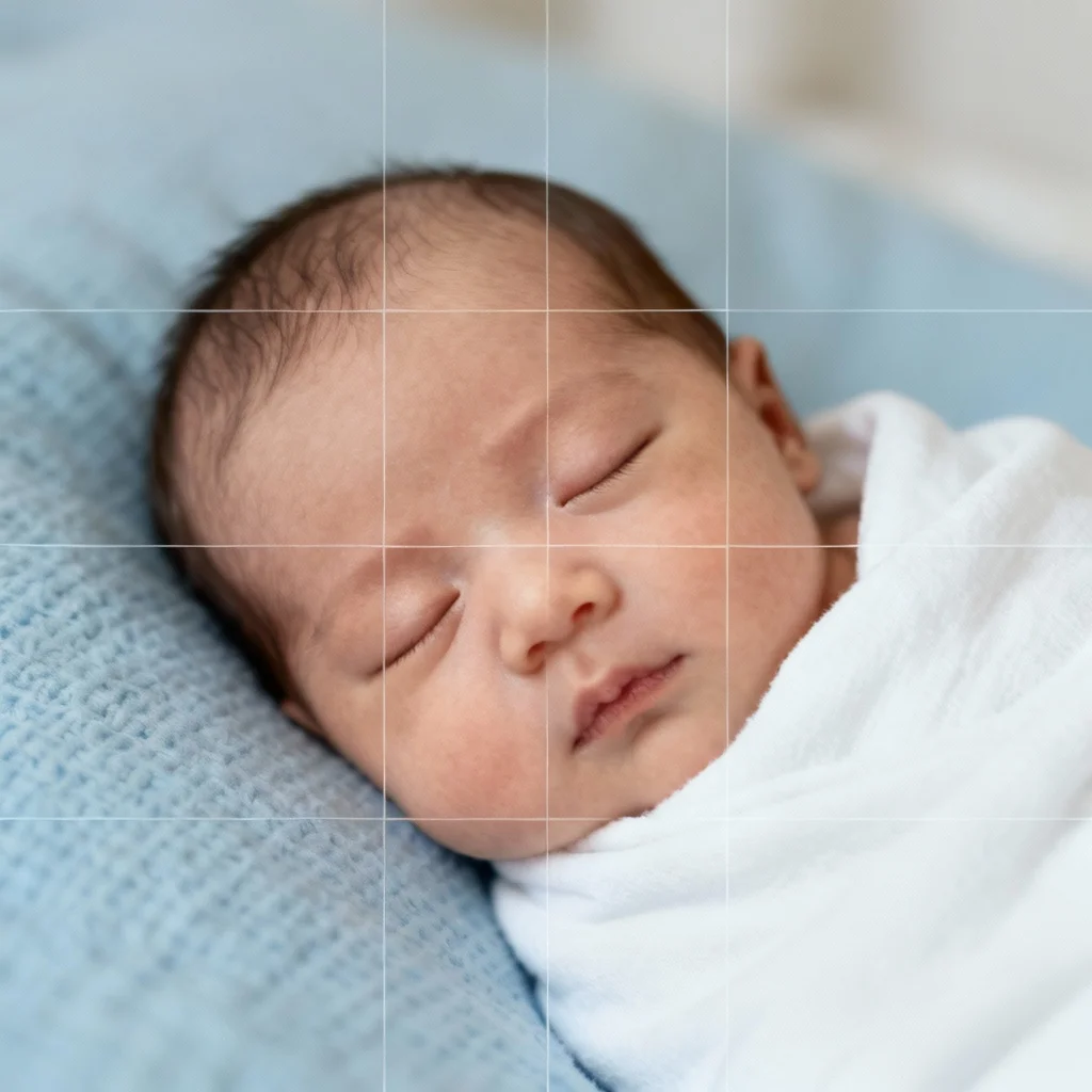 Rule of thirds composition grid overlay on newborn photo for better framing