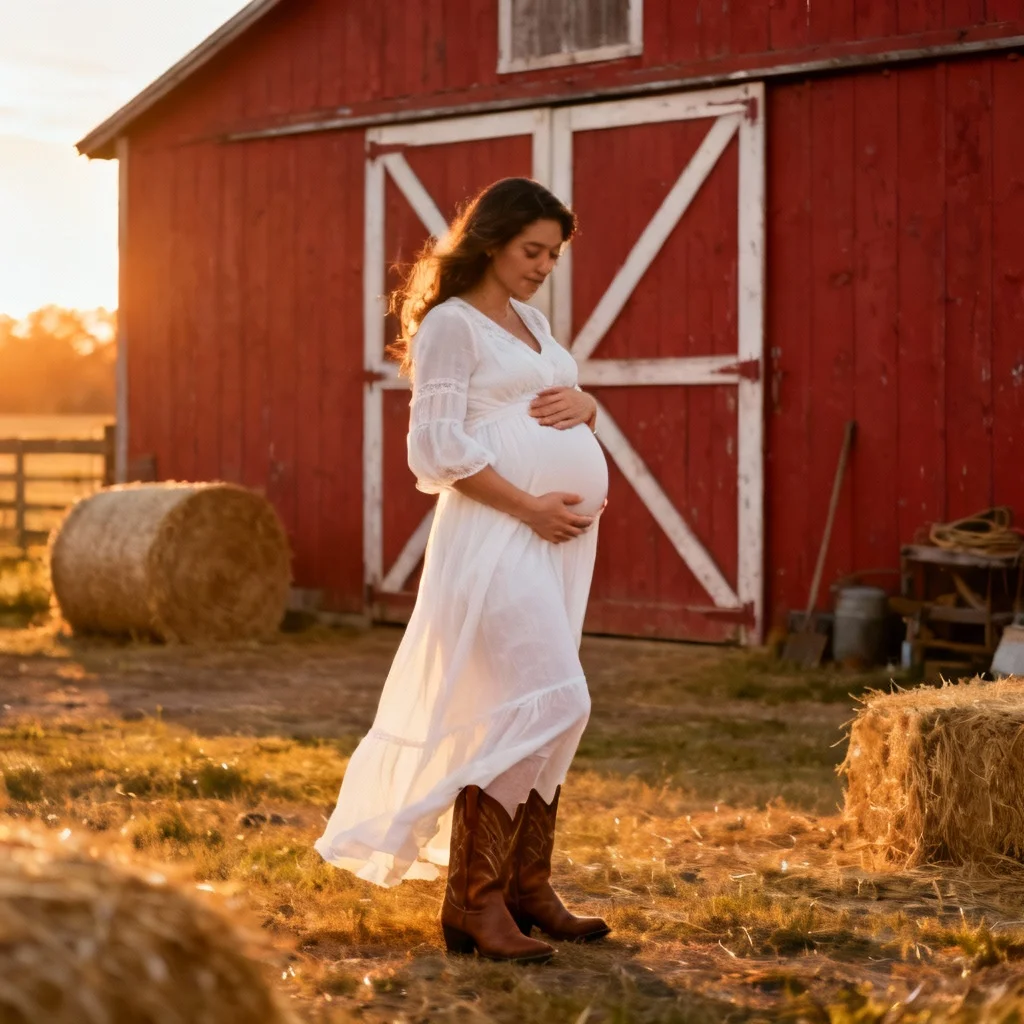Rustic farm maternity photo with pregnant woman in cowboy boots and barn backdrop