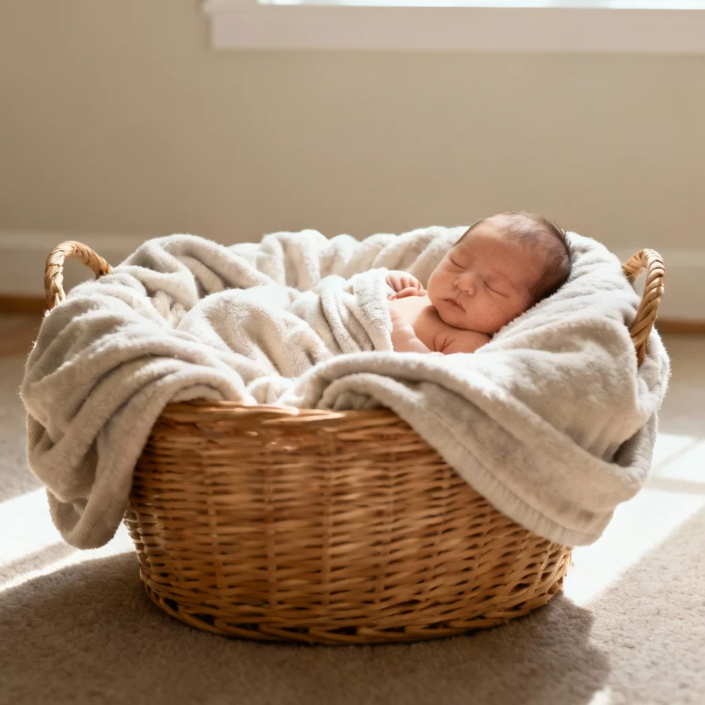 Safe newborn basket photography setup with proper padding and floor placement
