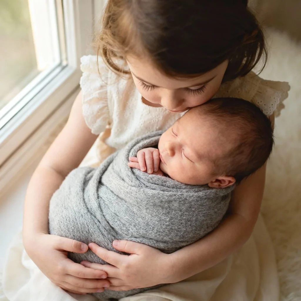 Sibling Newborn Photo Ideas - Overhead Gaze