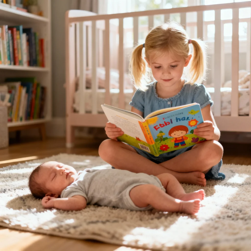 Sibling Newborn Photo Ideas - Reading to Baby