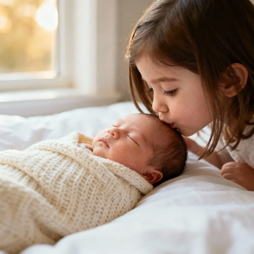 Sibling Newborn Photo Ideas - Tender Forehead Kiss