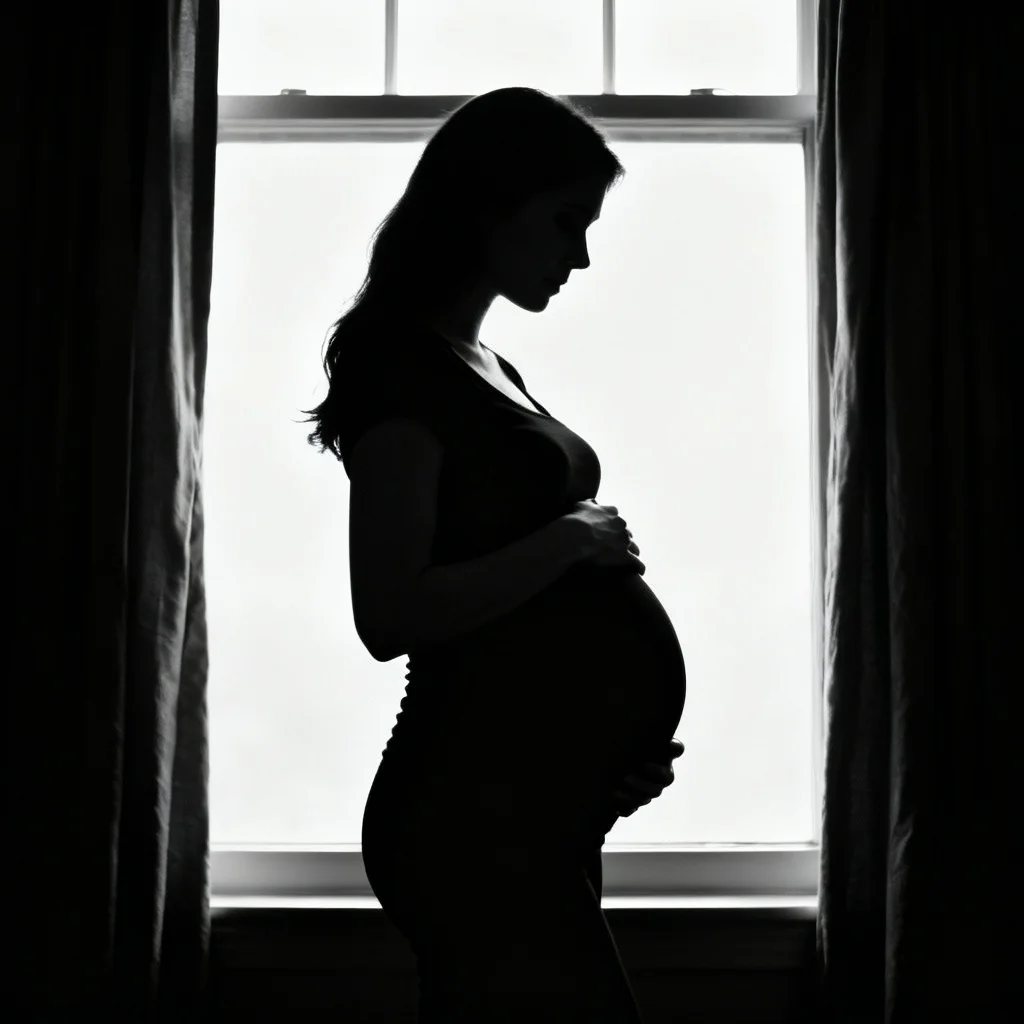 Silhouette maternity photo in front of window showing baby bump profile
