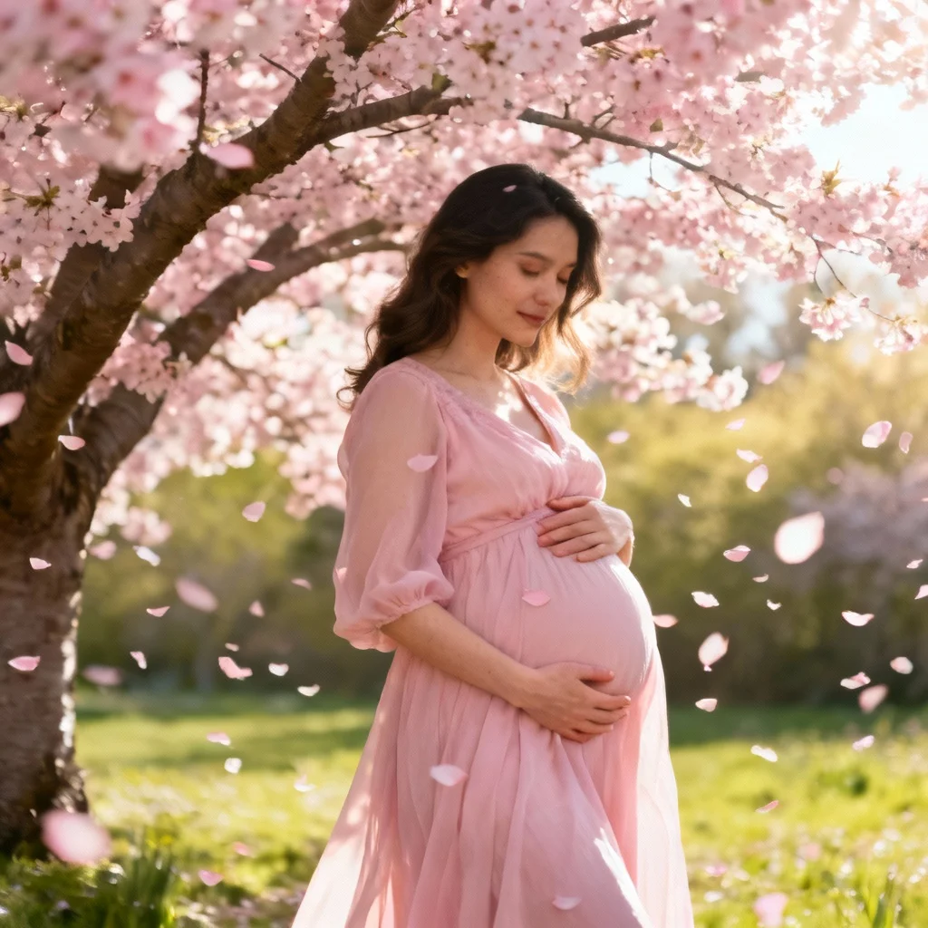 Spring maternity photo with pregnant woman under cherry blossom tree
