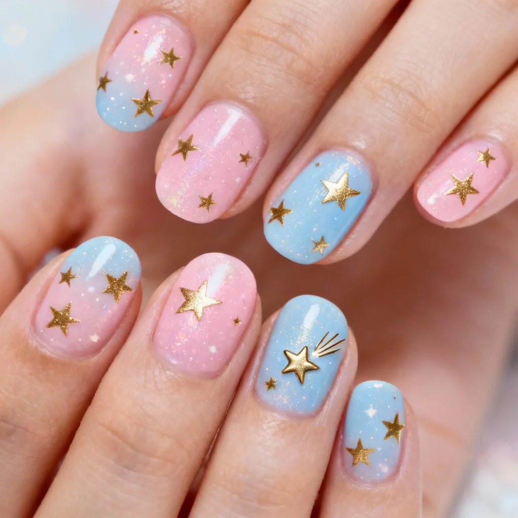 Star-themed gender reveal nails with gold stars on pink and blue base