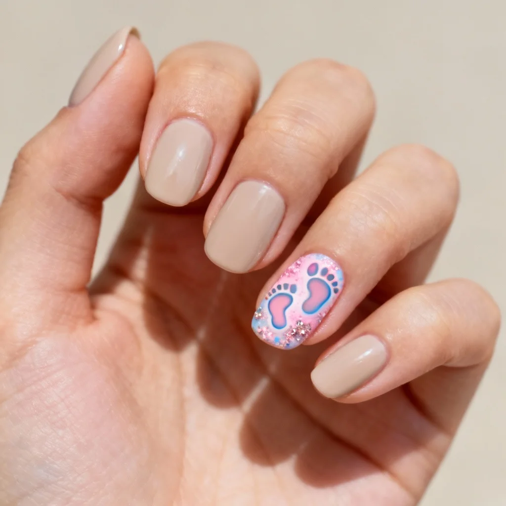 Subtle gender reveal manicure with elaborate accent nail design