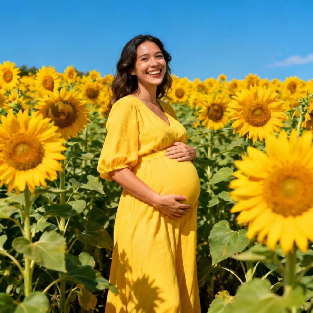 Summer maternity photo in sunflower field with pregnant woman in yellow dress