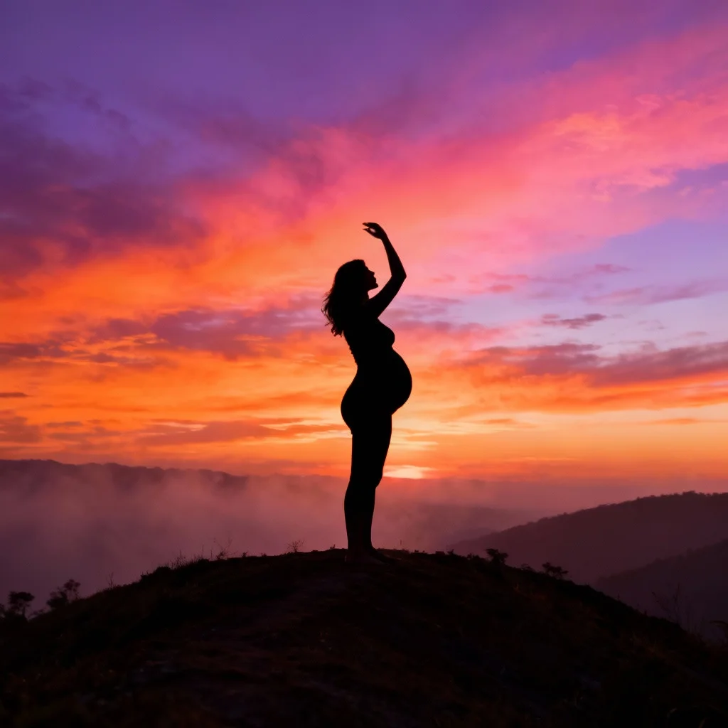 Sunset silhouette maternity photo showing pregnant woman's profile