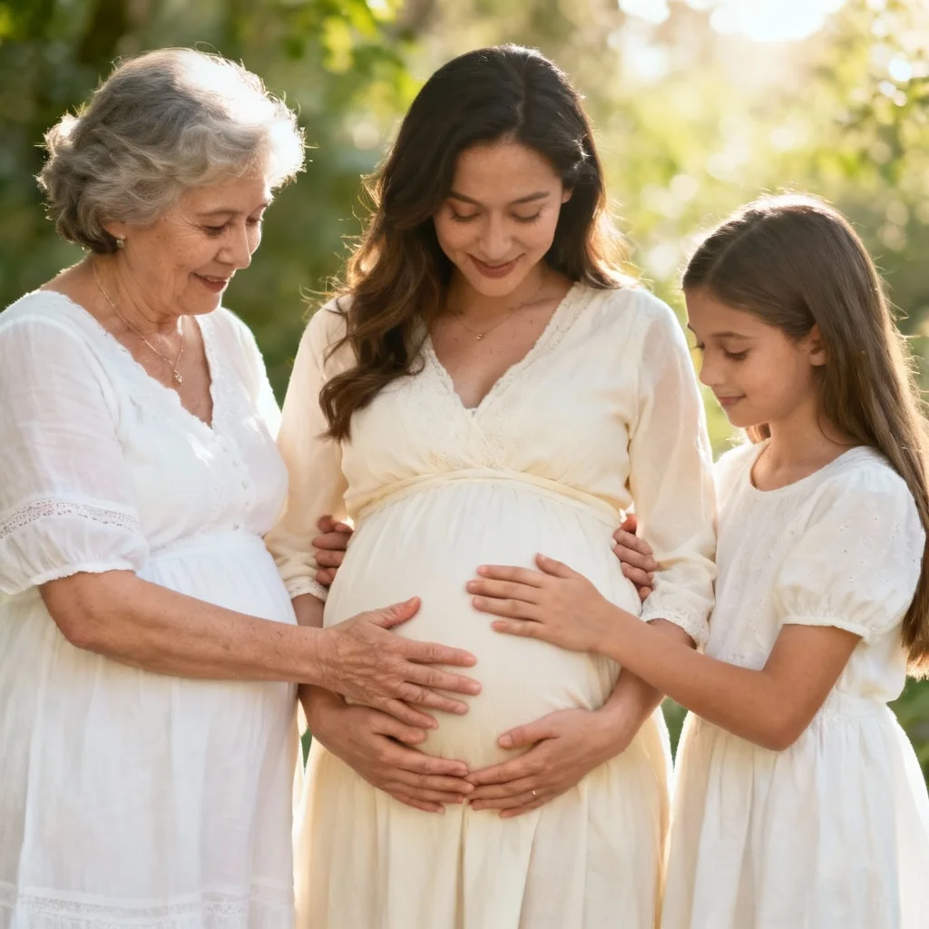 Three generation maternity photo with grandmother, pregnant mom, and daughter