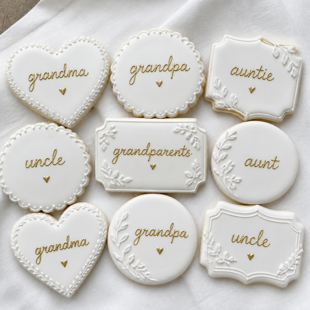All White and Gold Family Title Cookies