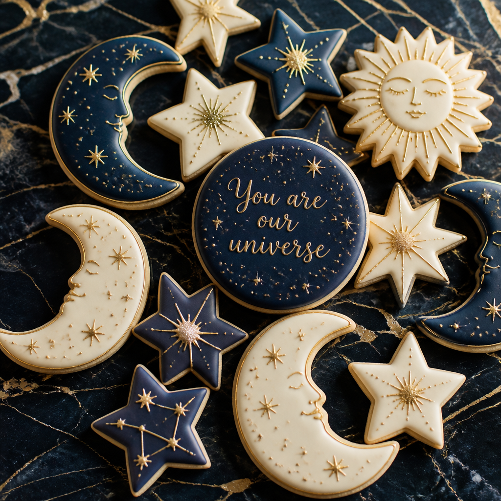 Celestial Stars and Moon Baby Announcement Cookies