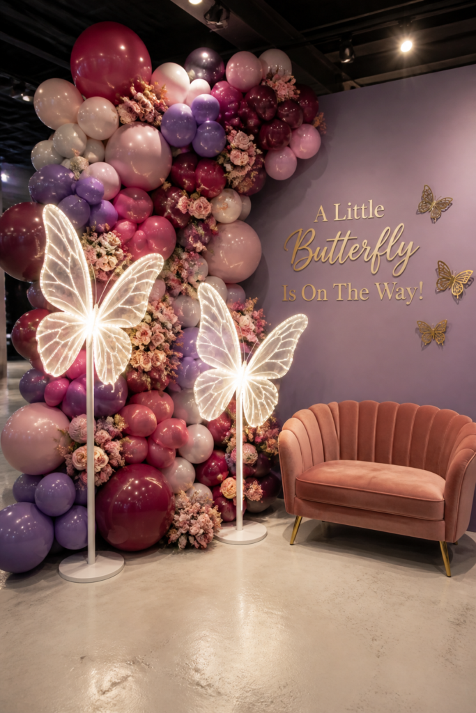 Dramatic Balloon Installation with Glowing Butterflies