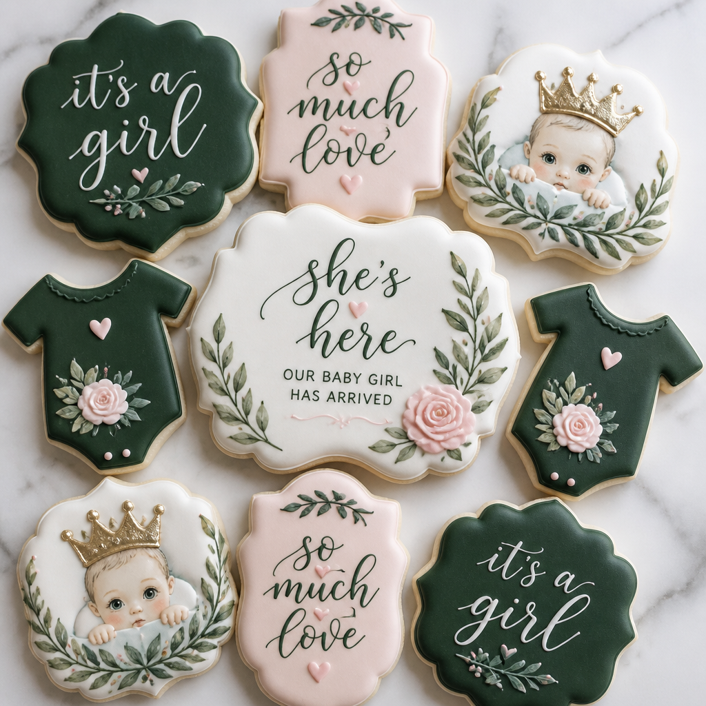 Organic Greenery and Gold Crown Pregnancy Cookies