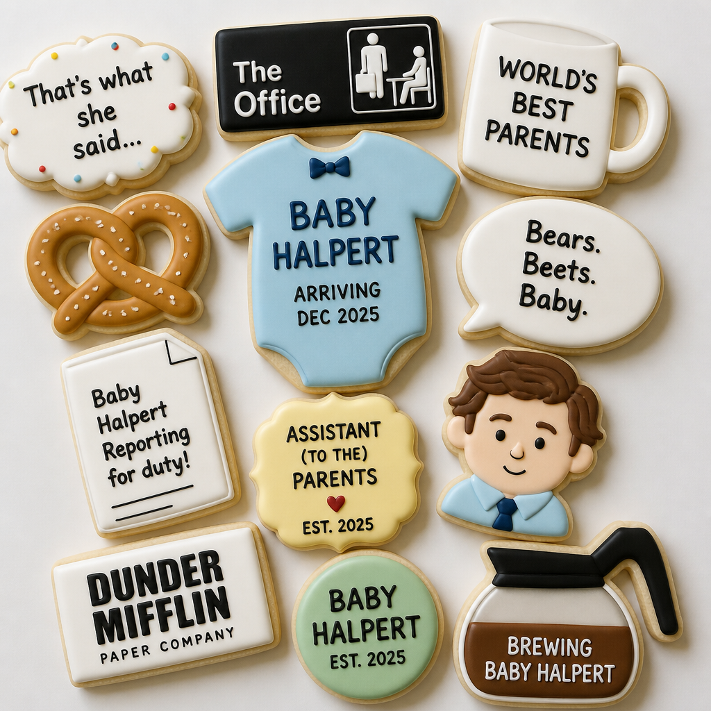 Pop Culture Themed Baby Reveal Cookies