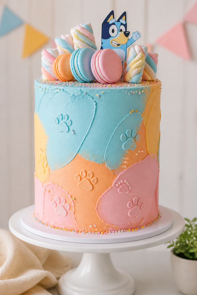 Baby Blue, Pink, and Orange Cake with Macarons