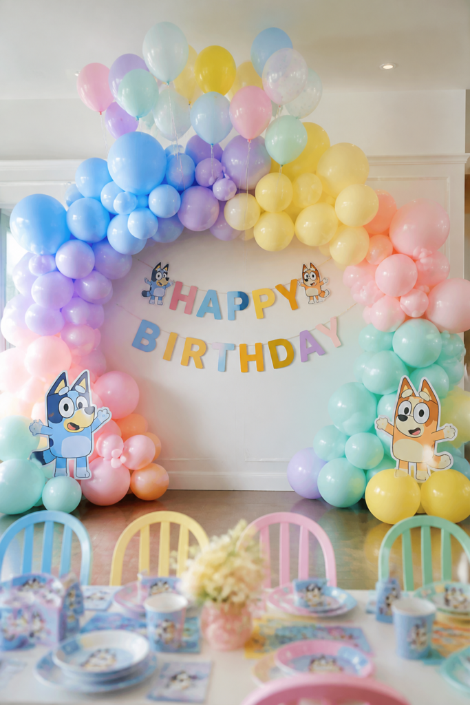 Bluey Balloon Arch with Pastel Rainbow