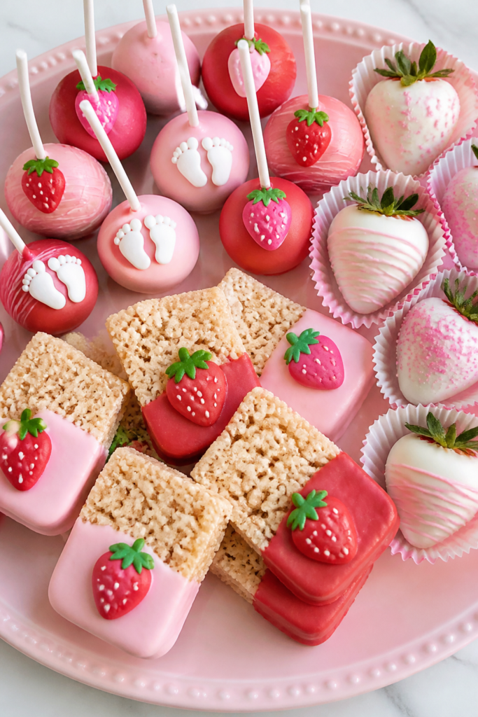 Cake Pops, Strawberries, and Rice Krispie Treats