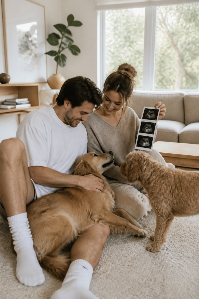 Casual At-Home Pregnancy Announcement with Dogs