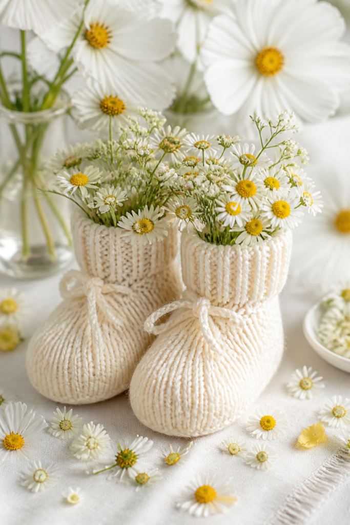 Crocheted Booties and Daisy Table Decor