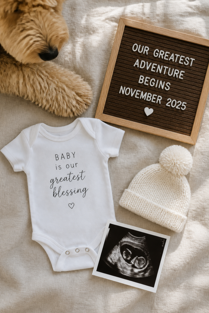 Flat Lay Pregnancy Announcement with Dog