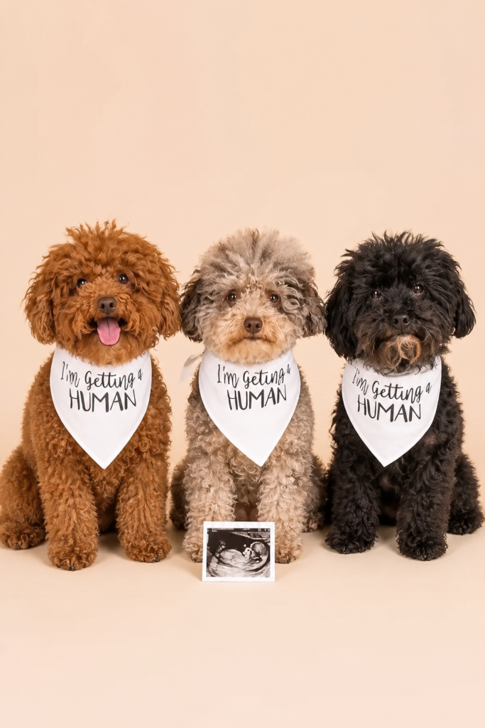 Gangs All Here Pregnancy Announcement with Dogs