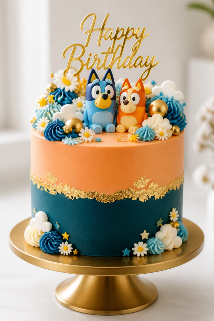 Gold-Touched Teal and Peach Bluey Cake