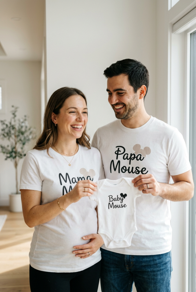 Matching Disney Pregnancy Announcement Shirts and Onesie