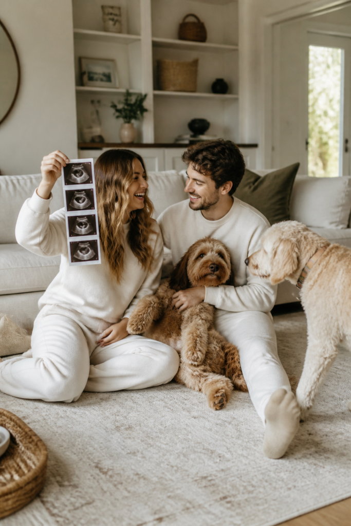 Matching Family Pajamas Pregnancy Announcement with Dog