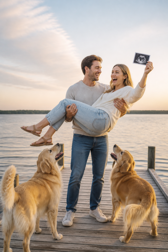Outdoor Pregnancy Announcement with Dogs