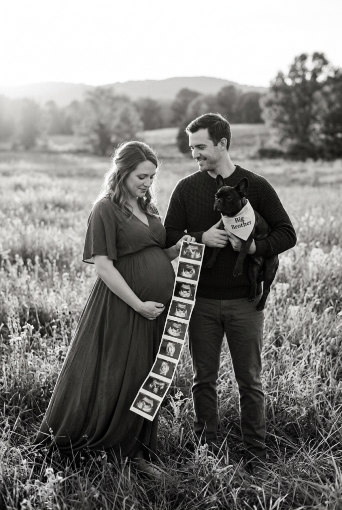 Sibling Reveal with Dog and Sonogram Frame Seasonal Pregnancy Announcement with Dog