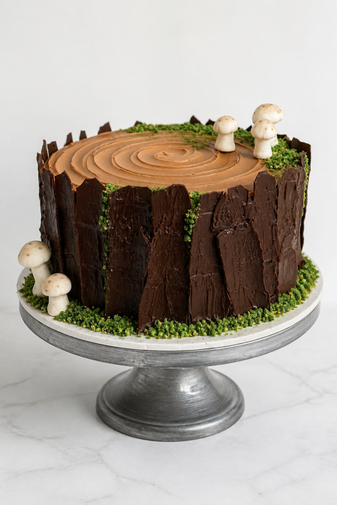 Tree Stump Cake with Moss and Mushrooms