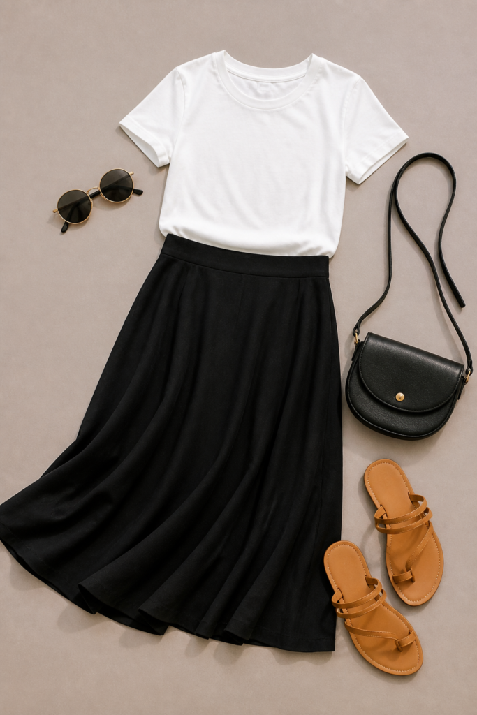 A Black Midi Skirt And A Simple T-Shirt