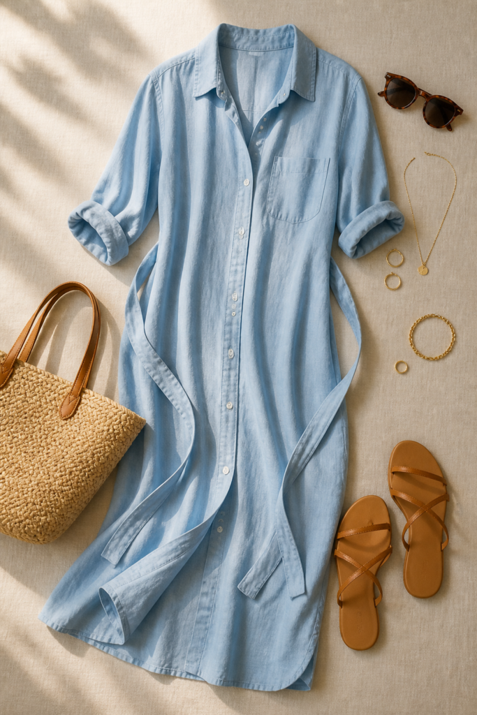 A Shirt Dress With A Belt Left Undone