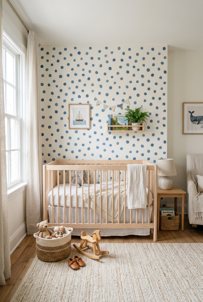 Abstract Blue Dot Painted Nursery Accent Wall