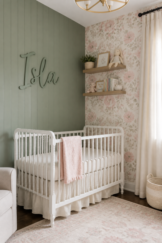 Baby Girl's Sage Green Nursery with Floral Wallpaper