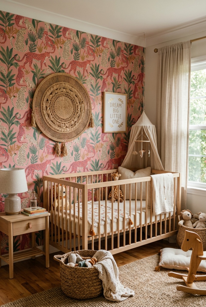 Bold Jungle Wallpaper with Rattan Wall Hanging