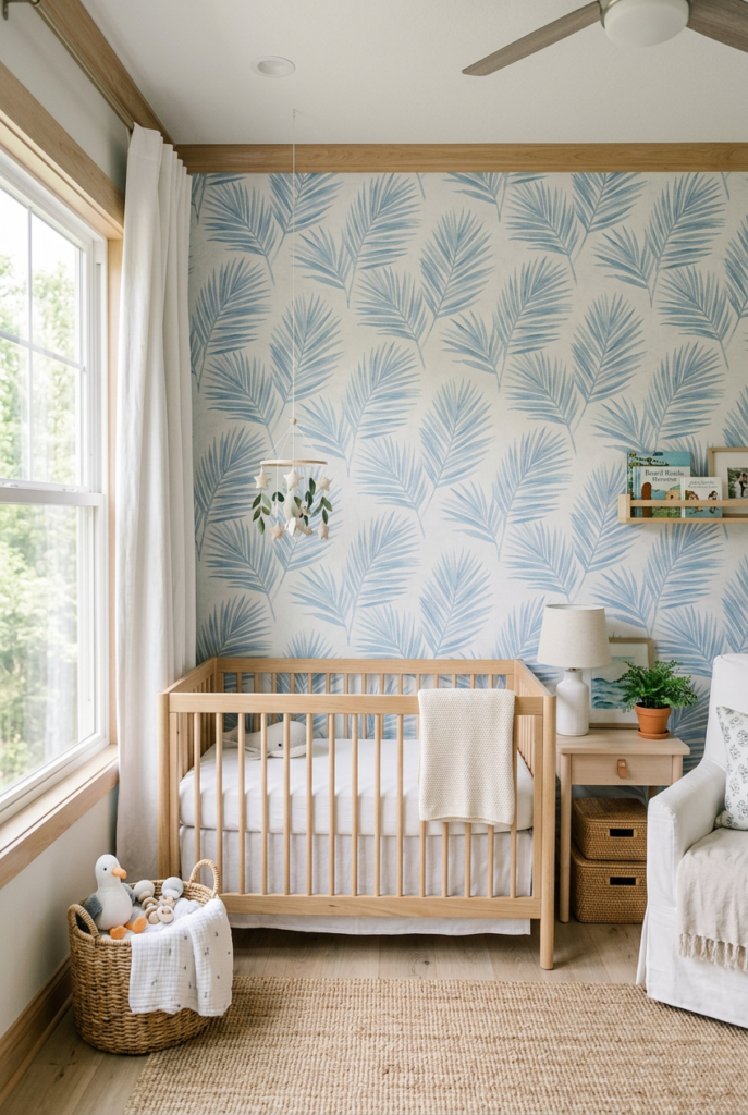 Coastal Watercolor Palm Wallpaper Nursery Accent Wall
