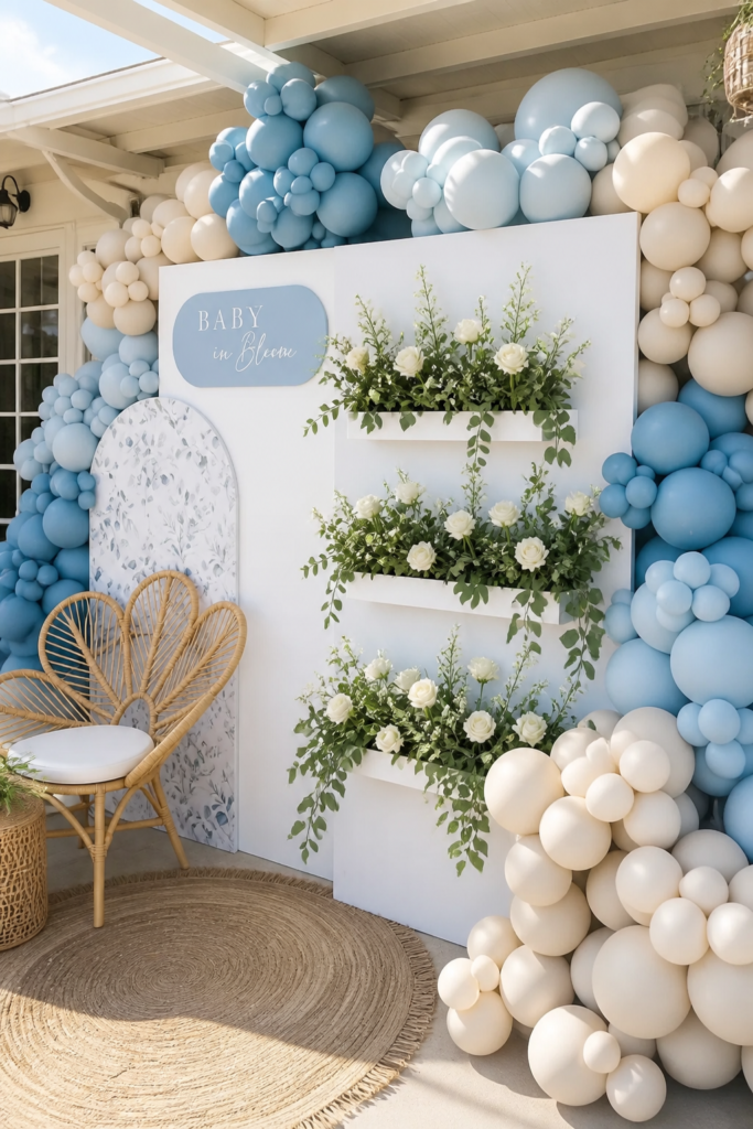 Cream and Blue Boho Arch with Flower Boxes