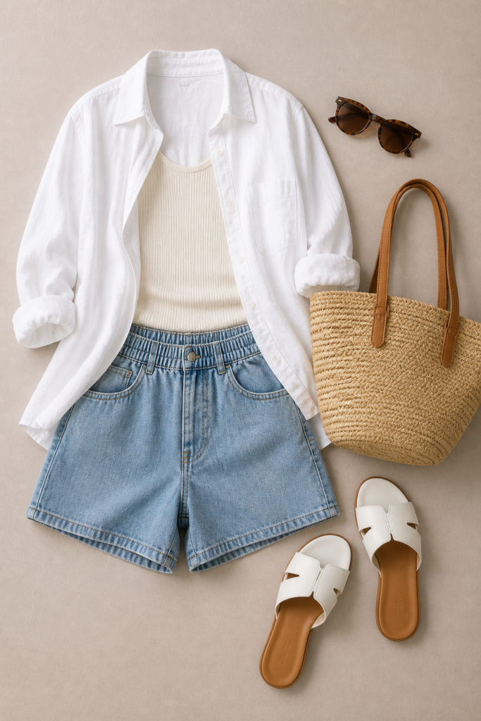Denim Shorts with an Oversized Button-Up