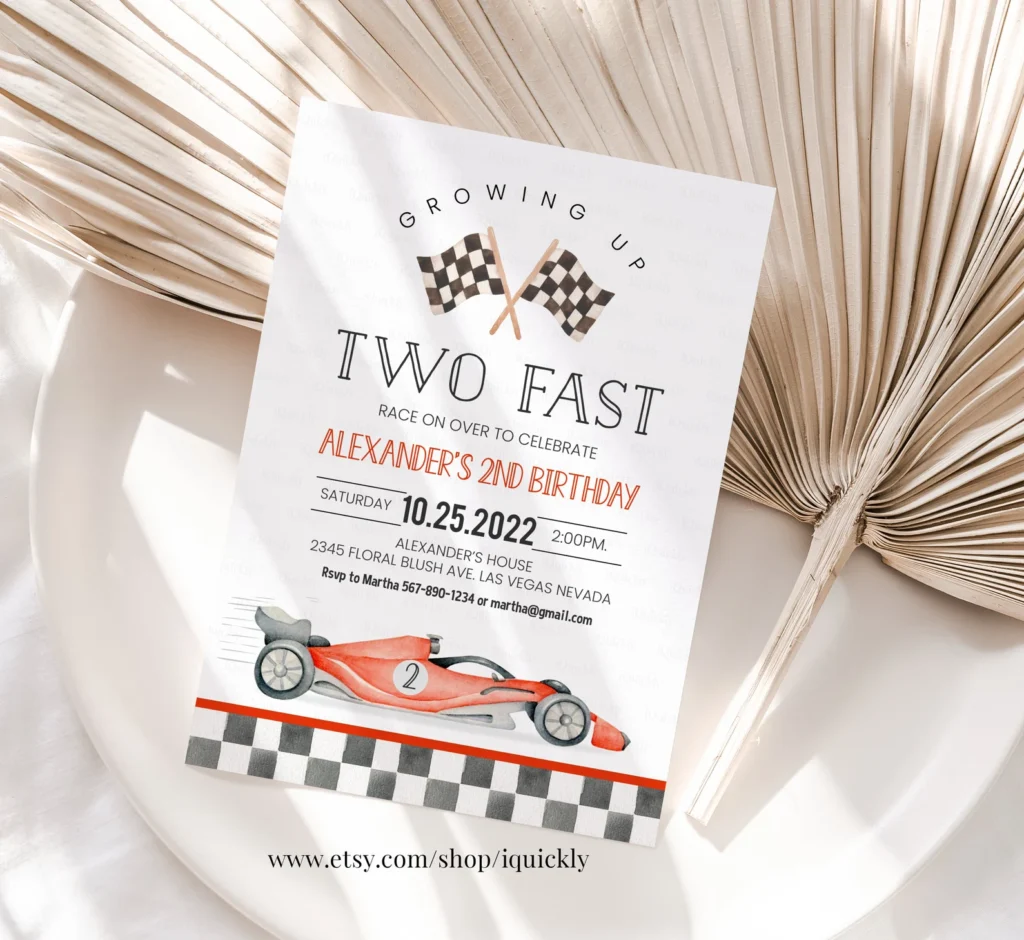 Editable TWO Fast Birthday Invitation Race Car