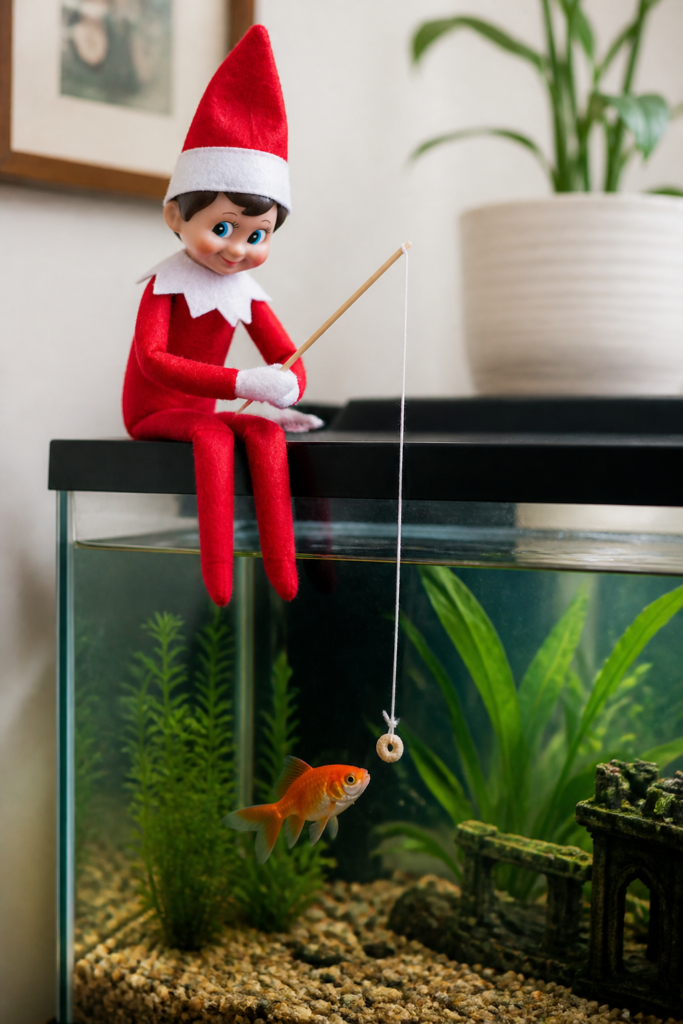 Elf Goes Fishing in the Fish Tank