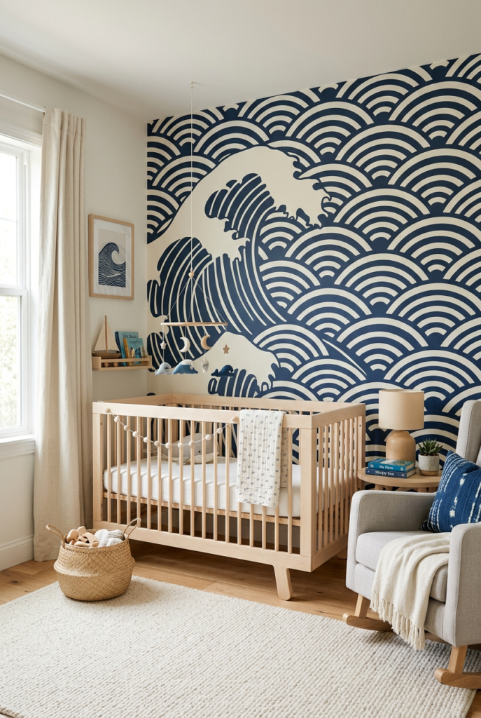 Japanese Wave Graphic Wallpaper Nursery Accent Wall