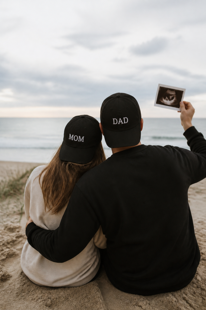 Matching Mom and Dad Ball Caps Announcement