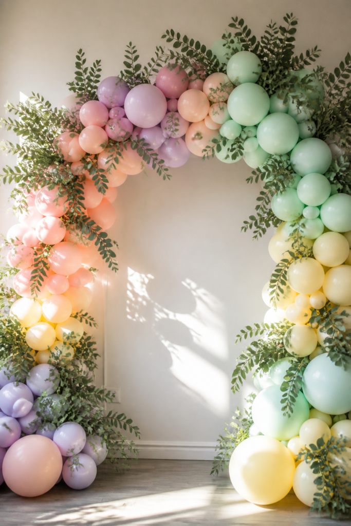 Pastel Rainbow Arch with Fresh Greenery