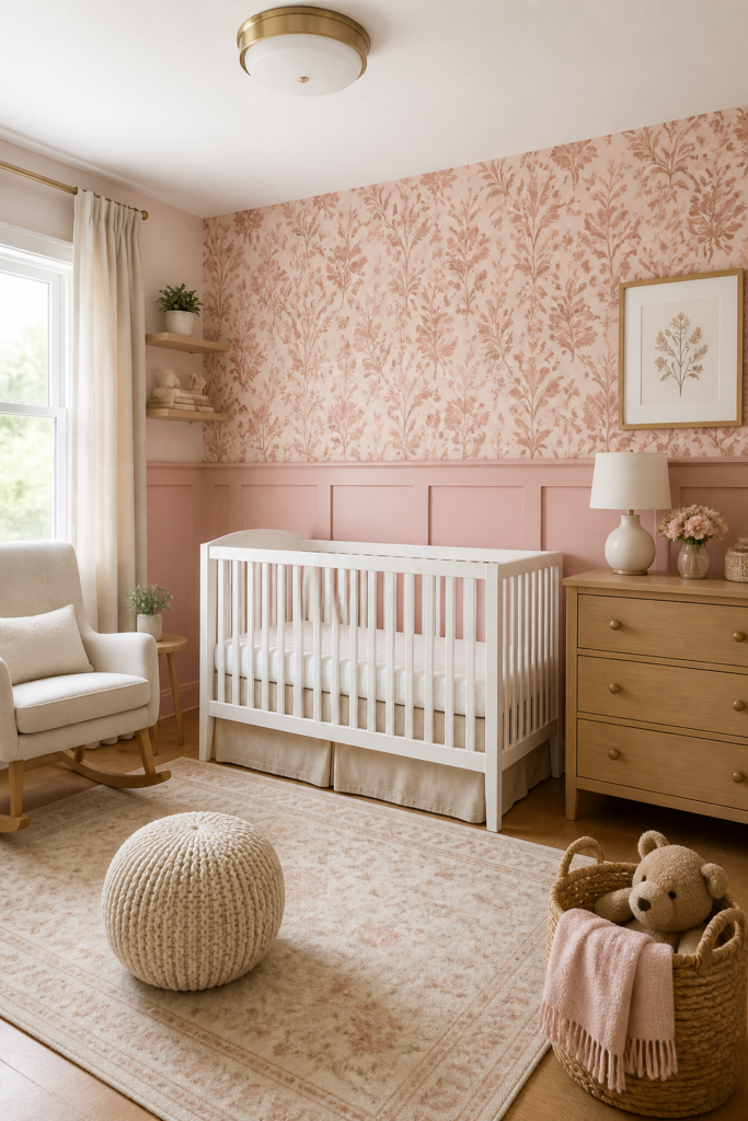 Pink Board and Batten with Floral Wallpaper