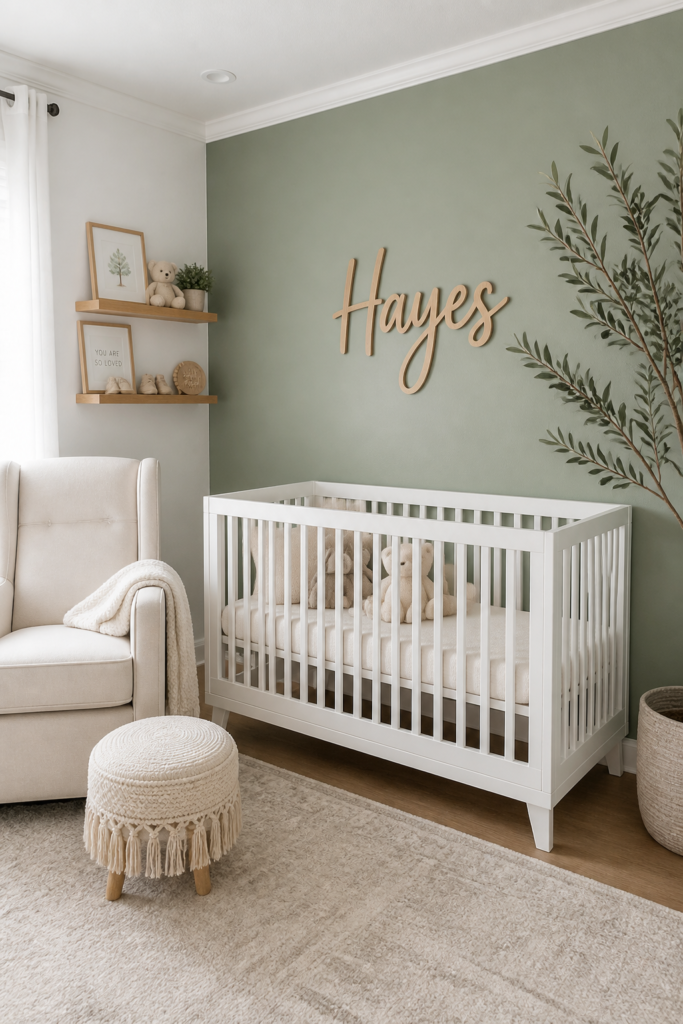 Sage Green Nursery with Personalized Name Art
