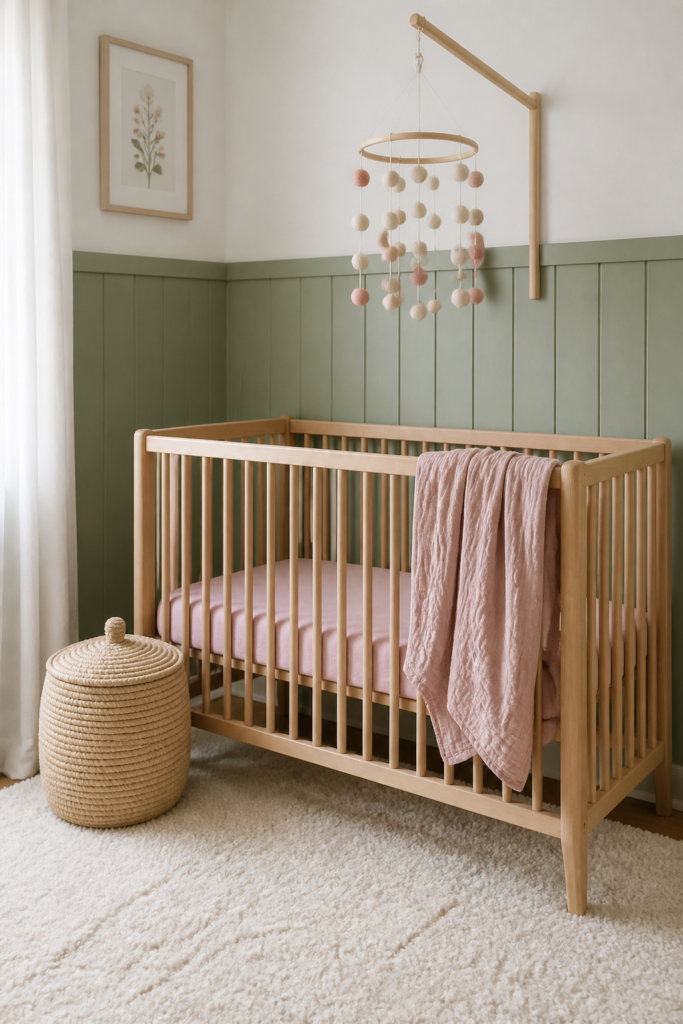 Sage Green Nursery with Vertical Shiplap Half Wall
