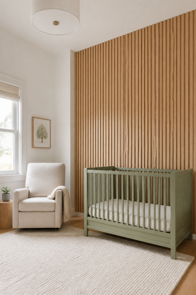 Sage Green Nursery with Wood Slat Feature Wall
