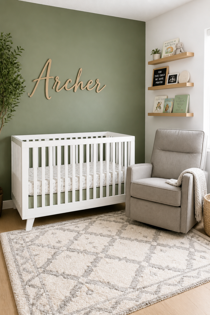 Sage Green Nursery with a Painted Feature Wall